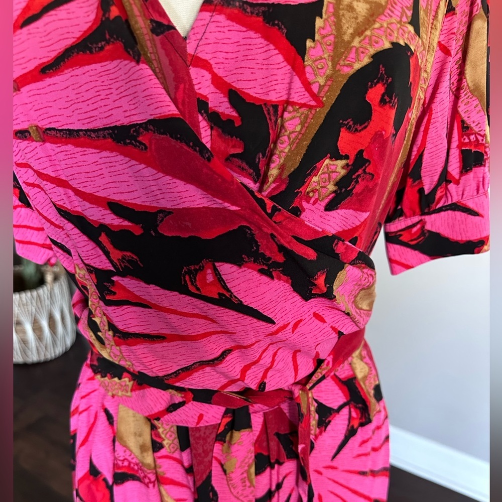 J. Crew Midi Dress Faux Wrap Pink Tropical Palm/Island Hawaiian Floral Print 14 - Picture 5 of 16